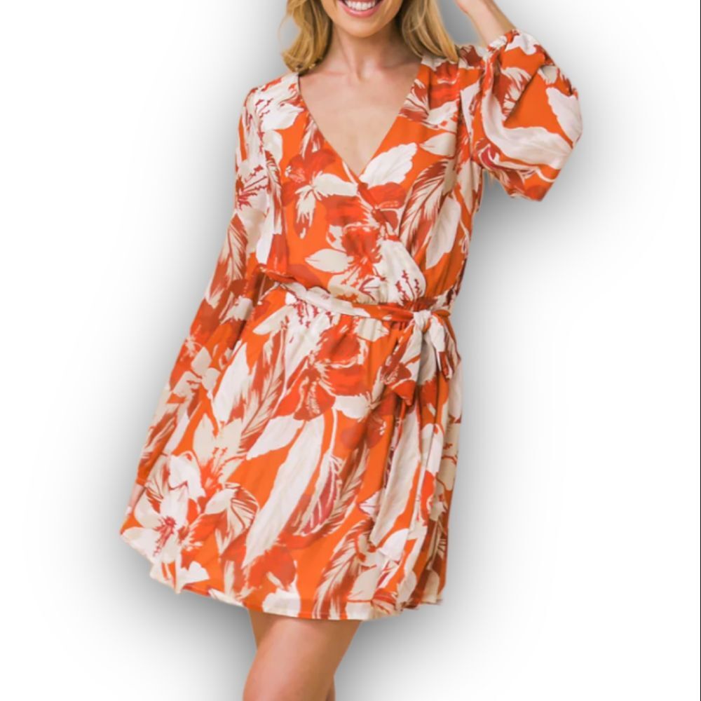 Flying Tomato Spread Your Wings Woven Mini Dress Rust Balloon Sleeve Tropical S